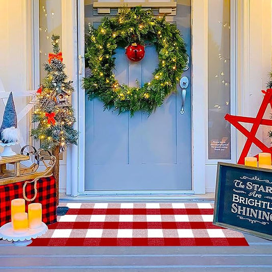 Ckorzen Red and White Plaid Rug, 24" x 51" Christmas Front Porch Outdoor Rug, Handwoven Cotton Washable Rug for Layered Door Mats, Holiday Entryway and Home Décor