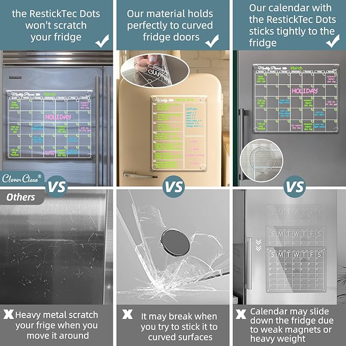Clear Non-Magnetic Calendar Set for Fridge - Dry Erase Transparent Monthly, Weekly Calendar and List Board - Sticks to Wall, Glass, Door, Any Smooth Surfaces