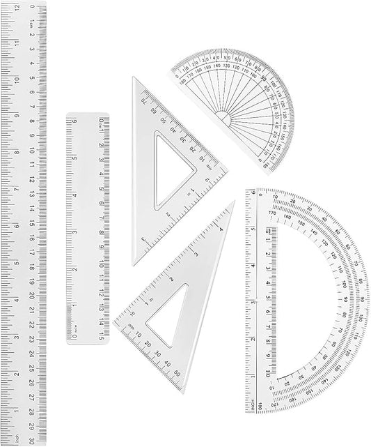 Tenare 1 Set Plastic Clear Math Set Includes Protractor Triangle Rulers 12 Inch 6 Inch Straight Geometry Math Transparent Ruler Measuring Tool for School Office Home Supplies(Clear)
