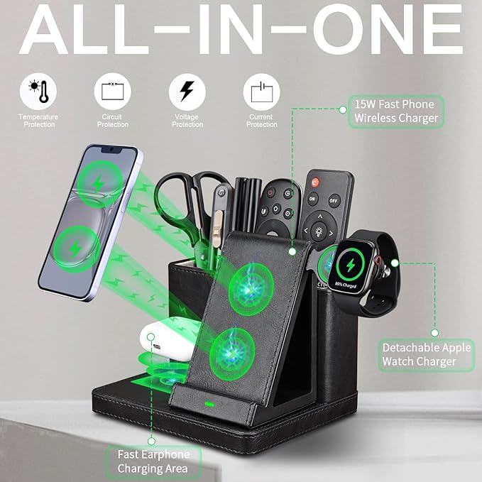 Desk Organizer with Phone Charger,Nightstand Desktop Organizer,Office Supplies Desk Accessories,Pen Holder Remote Control Holder,Black Leather Organizer With Charging Station (black)