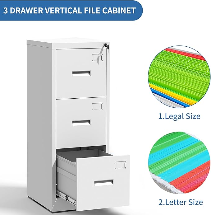 3 Drawer File Cabinets with Lock, White Vertical Filing Cabinet for Home Office, Heavy Duty Metal Storage Cabinets Office Steel Cabinet for Letter Legal Size Files, Assembly Required