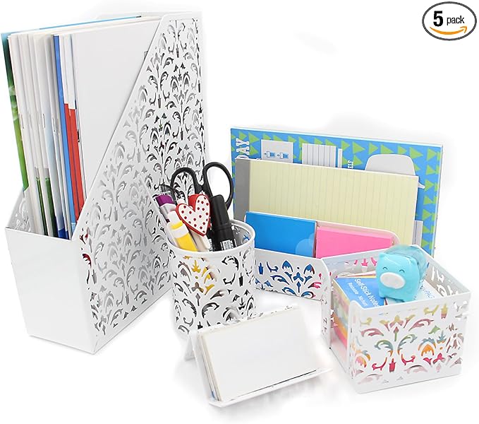 EasyPAG Desk Organizers and Accessories 5 Pieces Office Supplies Set - Vertical File Organizer, Pencil Cup for Desk, Mail Sorter Countertop, Business Card Holder and Sticky Note Holder, White