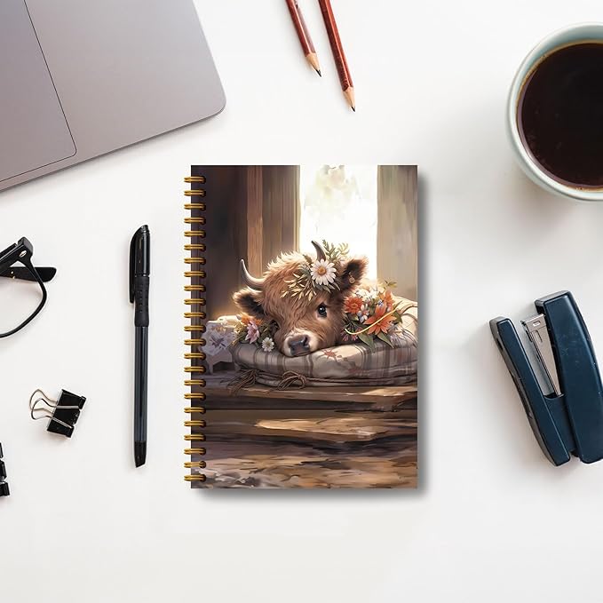 Guymn Highland Cow Notebook, Floral Highland Cow Journal for Writing, Farmhouse Rustic Floral Heifer Hardcover Spiral Notebooks 5.5x8.3 Inch