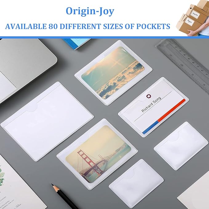 Origin-Joy 25 PCS Self-Adhesive Index Label Pockets, Clear Plastic Peel & Stick Card Holders with Top Open for Loading (8.5 x 11 inch)