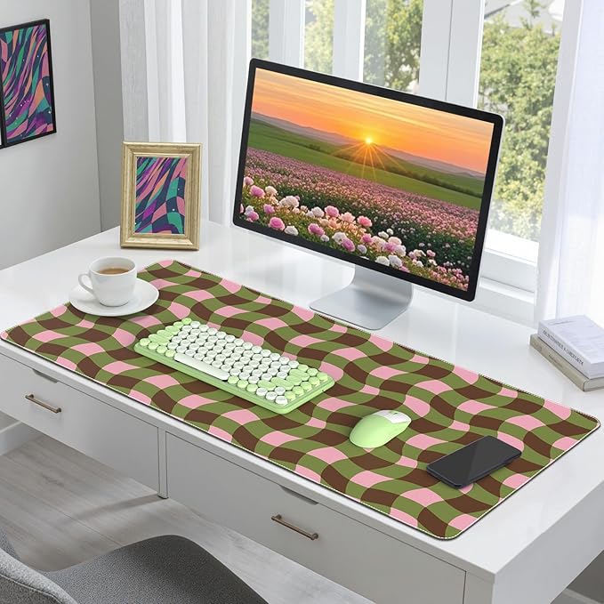 HAOCOO Checkered Desk Mat, Cute Leather Mouse Pad, 35.4" x 15.7" Keyboard Pad Office Accessories, Non-Slip Desktop Mat, Laptop Pad with Stitched Edge Desk Cover Mat(Green)
