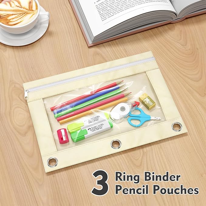 DoDoMagxanadu Binder Pencil Pouches, Pencil Pouch for 3 Ring Binder with Zipper Pulls, Clear Window Pencil Case for Binder, Zipper Pencil Pouches with Rivet Enforced 3 Ring, 20 Pack, 10 Color