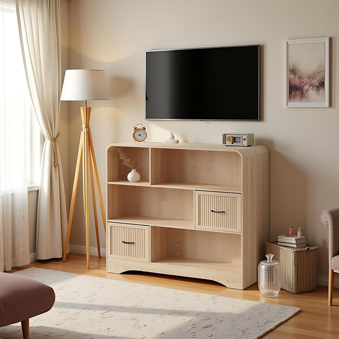 6 Cube Storage Organizer, 48" Wide Cube Storage Organizer w/Adjustable 2 Bins Storage, Modern Wooden Bookshelves and Bookcase w/Drawers, Large Bookshelf w/Open Display Shelves for Living Room, Oak