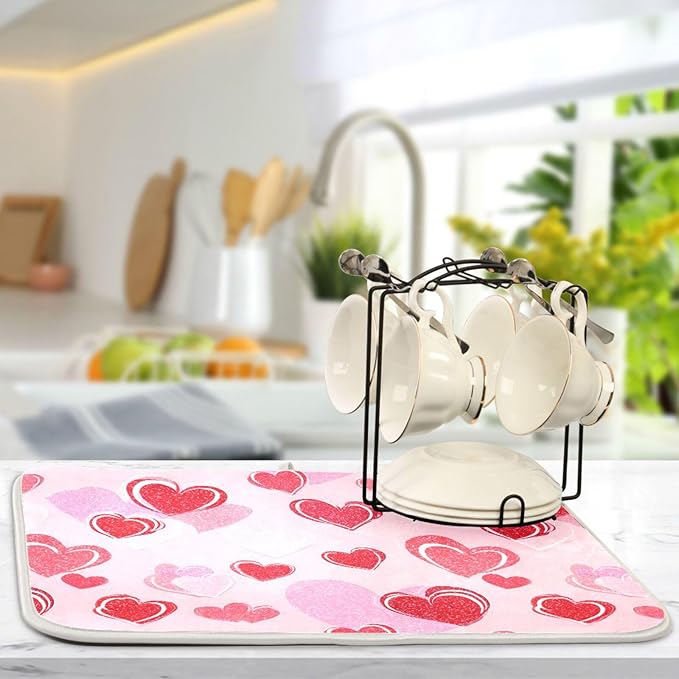 Happy Valentines Day Hearts Dish Drying Mat 16 X 18 Inch Stars Romantic Red Pink Glitter Love Heart Dry Dishes Pads Drainer Mats Tableware Protector for Home Kitchen Countertops Counter Decorations