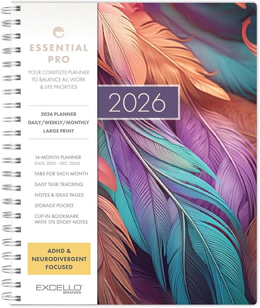 Essential PRO 2026 Daily, Weekly & Monthly Planner, 8.5"x11": 14 Months (Nov 2025 - Dec 2026) Monthly Tabs,Daily Tracking,Notes Pages,Storage Pocket,Bookmark w Sticky Notes (Pastel Peacock)