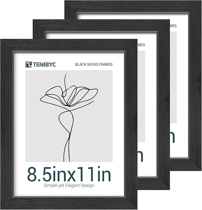 8.5x11 Picture Frames Set - 3 Pack - Black Solid Wood Poster Frame - Tempered Glass - Exclusive Woodgrain - Rooms, Offices, Gallery, Studio, and Hallway, Wall Display Decor