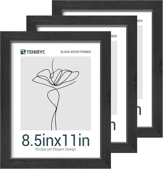 8.5x11 Picture Frames Set - 3 Pack - Black Solid Wood Poster Frame - Tempered Glass - Exclusive Woodgrain - Rooms, Offices, Gallery, Studio, and Hallway, Wall Display Decor