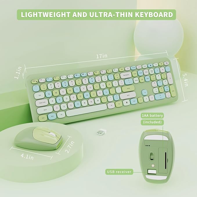 Wireless Keyboard and Mouse Combo, Colorful Ergonomic Full Size Retro Low-Noise Keyboard with Cute keycaps, Compatible with Windows, PC, Perfer for Home and Office Keyboards (Green)