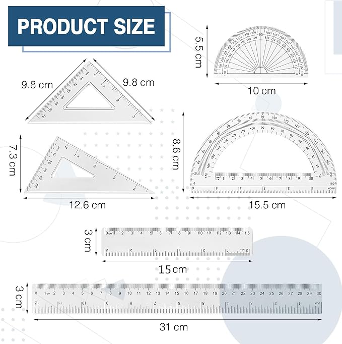 Tenare 1 Set Plastic Clear Math Set Includes Protractor Triangle Rulers 12 Inch 6 Inch Straight Geometry Math Transparent Ruler Measuring Tool for School Office Home Supplies(Clear)