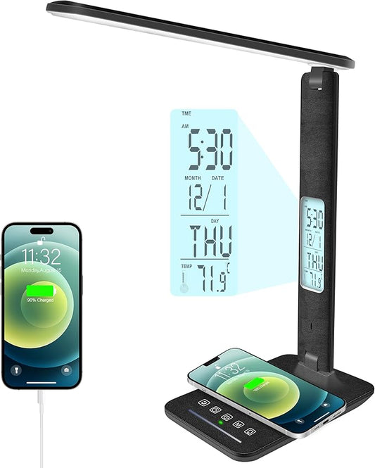 Desk Lamp with Wireless Charger，USB Charging Port, Dimmable Office Desk Light with Clock, Alarm, Date, Temperature, Foldable Lamp for Table Bedroom Bedside Office (Black Pro, Standard Size-13.3 inch)