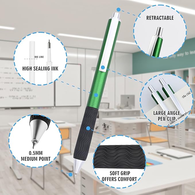 Pens Bulk, Black ink pen,50 Pieces,Smooth Writing Without Breaking Ink,0.5mm Nib,Soft Grip,Fine Office Supplies.Fine Gifts for Men and Women (Green Body)