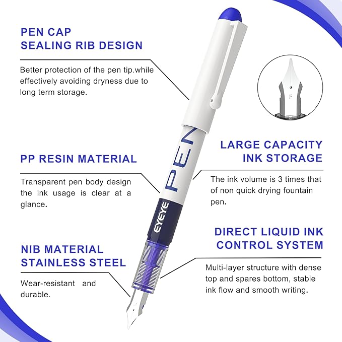 EYEYE Fountain Pens for Writing, 8 Pack Assorted Colors Fine Point Disposable Fountain Pens Stainless Steel Nib, Smooth Writing for Journaling, Drafting, Sketching, Doodling & Gifts