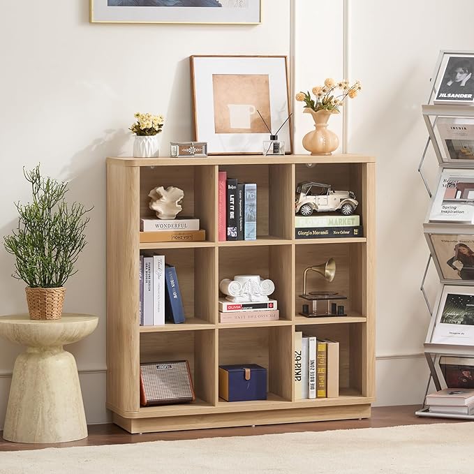 9 Cube Storage Book Shelf, 41" Tall Organizer Bookshelf with Curved Edge, Floor Standing 3-Tier Wood Cubby Bookcase with Base, Modern Display Book Case for Living Room, Home Office,Natural Oak