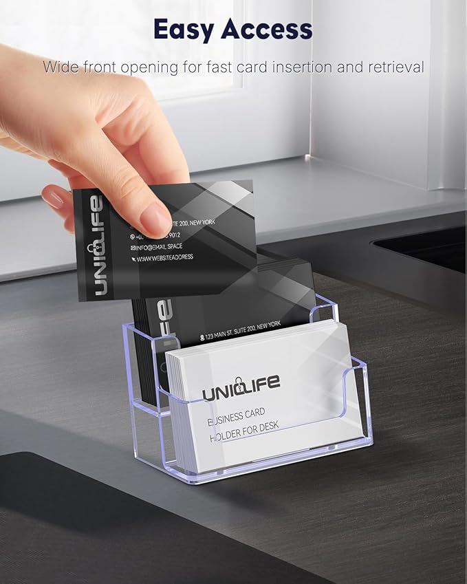 Uniclife 2 Pack Acrylic Business Card Holder for Desk 2 Slots Clear Business Card Display Stand for Men & Women Desktop Business Card Organizer Card Stand for Office Home Exhibition, 120 Card Capacity