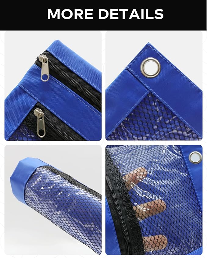 3 Ring Binder Pencil Pouch - School Pencil Case with 2 Zippered Pockets, Clear Mesh Window Pencil Bag, B5 Size, Back to School Gifts (Blue)