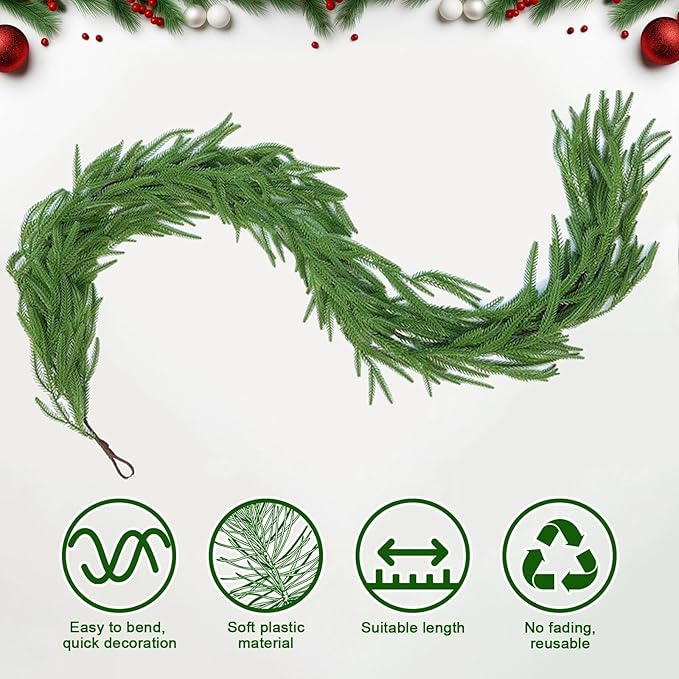 2 Pcs Christmas Norfolk Pine Garland, 6 FT Real Touch Norfolk Pine Garland Ornament, Christmas Artificial Greenery Cedar for Holiday Mantle, Table, Fireplace, Stair, Indoor, Outdoor Xmas Decorations