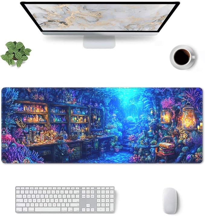 Magical Sea Mouse Pad 31.5 X 11.8 Inch Big Desk Rubber Base Stitched Edges Keyboard Pad XXL Mouse Mat for Home Game and Office