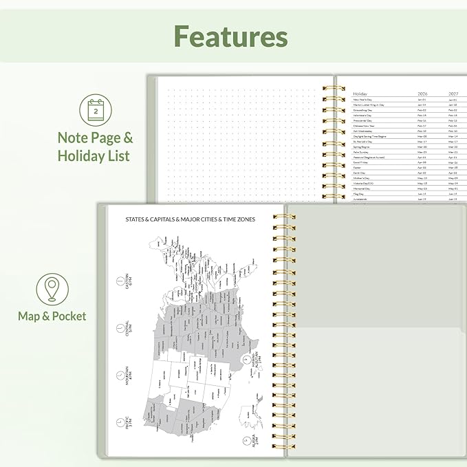 SUNEE 2026 Weekly and Monthly Planner - January 2026-December 2026, 6.4" x 8.3" Half Weekly Half Note, Daily Agenda Planner with PVC Waterproof Cover, Monthly Tab, Note, Pockets, Bookmark, Green