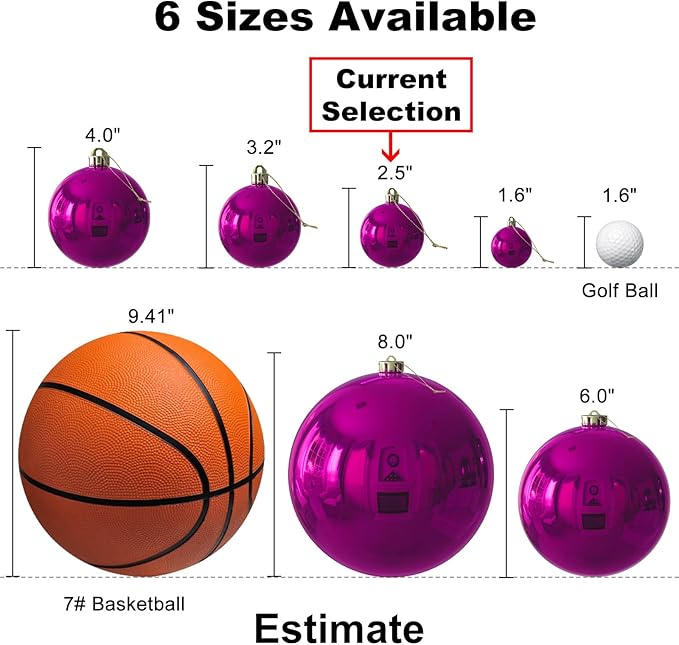 Fuchsia 2.5" Christmas Balls Christmas Tree Decoration Ornaments Shatterproof Hanging Balls for Birthday Halloween Holiday Wedding Decorations Set of 24pcs