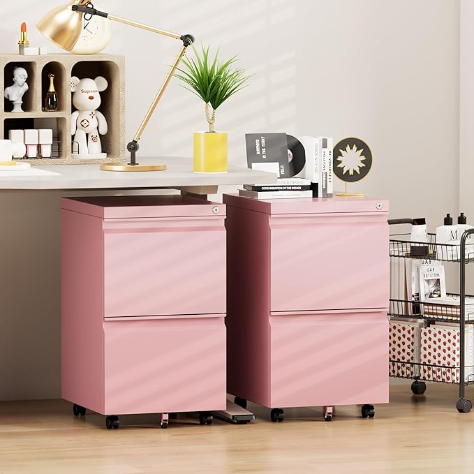 Aobabo 2 Drawer File Cabinet with Wheels, Lockable Metal Filing Cabinet for Home Office, Legal/Letter Size, Fully Assembled Except Wheels, Pink