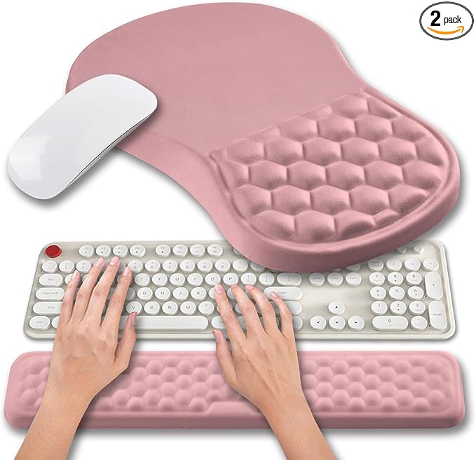 Hokafenle 2 in 1 Ergonomic Mouse Pad Wrist Support & Wrist Rest for Computer Keyboard Set, with Relieve Carpal Tunnel Pain Massage Bulge and Full Memory Gel Design (2In1 Set, Pink)
