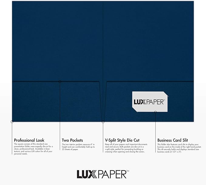 LUXPaper 9" x 12" Presentation Folders | Two Pocket | Nautical Blue Linen | 100lb. Cover | 10 Qty