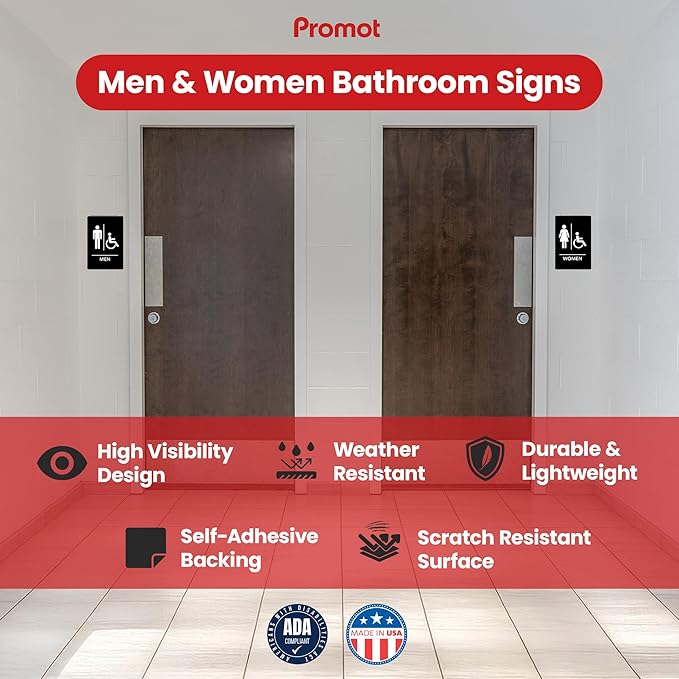Promot Men and Women Handicap Restroom Sign – ADA Braille Bathroom Sign for Business, Self-Adhesive, 9" x 6", Commercial Door Signage, Office Wall Decor - Black