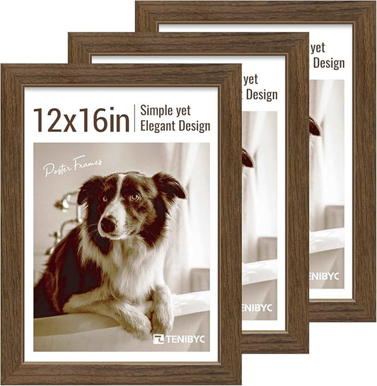 12x16 Picture Frame 3 pk, Brown Woodgrain, HD Tempered Glass, Wall Gallery Frame