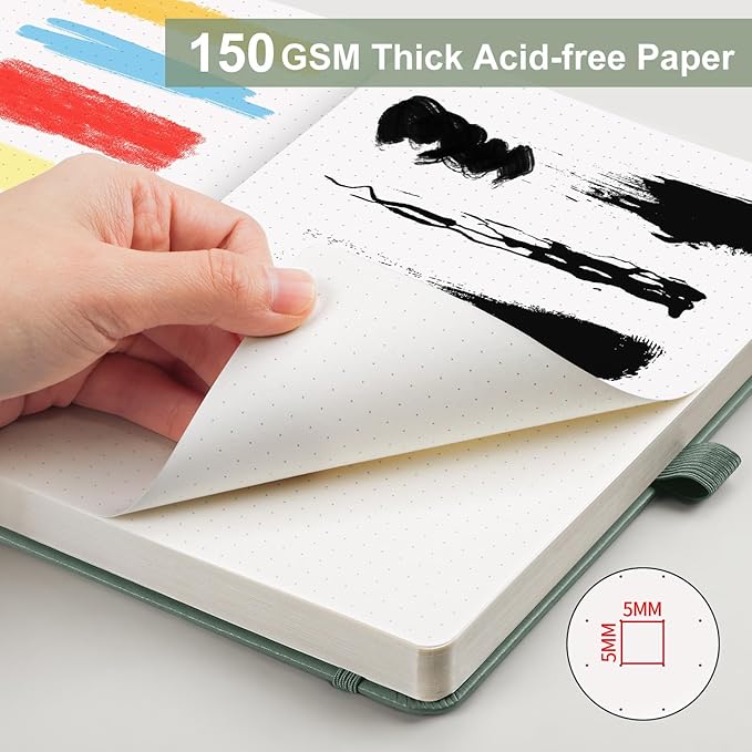 AHGXG Bullet Dotted Journal - 150 GSM Dot Grid Notebook Journal, Thick Acid-Free Paper, A5 Dotted Notebook 128 Pages, Leather Hardcover, Inner Pocket, Journal Stencil, 5.7'' × 8.3'' - Sage Green