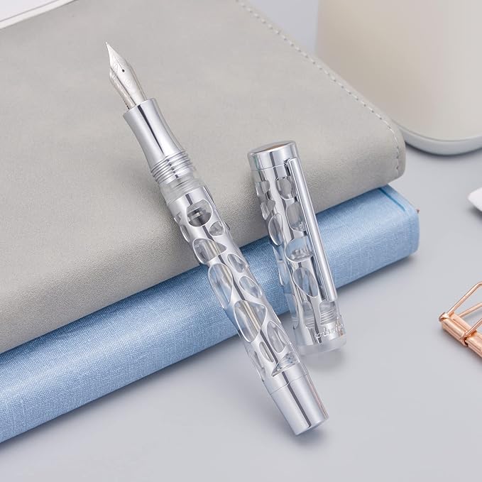 Asvine V169 Vacuum Filling Fountain Pen Fine Nib, Water Drop Skeleton Transparent Acrylic Pen Case Set