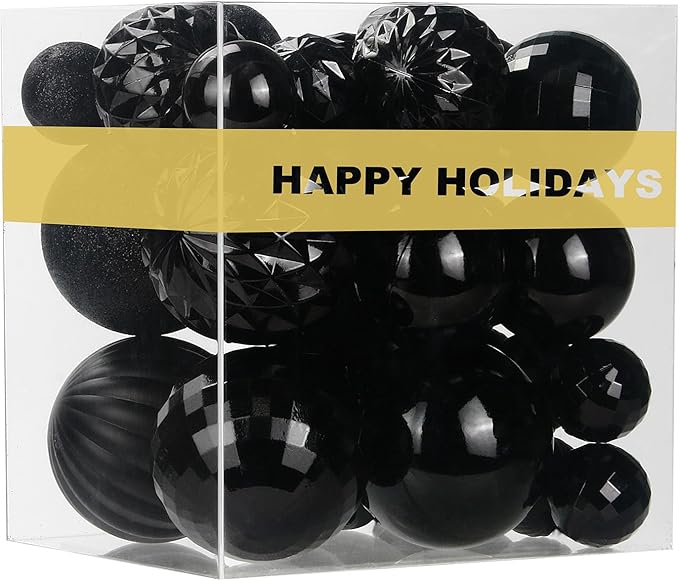 Black Christmas Ornaments - Christmas Tree Decorations Shatterproof Hanging Balls for Birthday Wedding Holiday Decor Set of 36pcs, Multi-Sizes(1.6",2.5",3.2")
