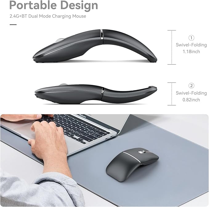 WFB Wireless Arc Mouse for Laptop,Bluetooth USB Rechargeable Computer Mice,Rotatable Rotating Ultra Slim,3 DPI for Desktop PC MacBook Pro Chromebook Lenovo Device Travel