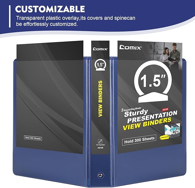 COMIX 3 Ring Binder 1.5 inch with Clear View Cover, 1.5" View Binder Holds 300 Sheets of US Letter Size Paper, 6 Pack (Dark Blue)