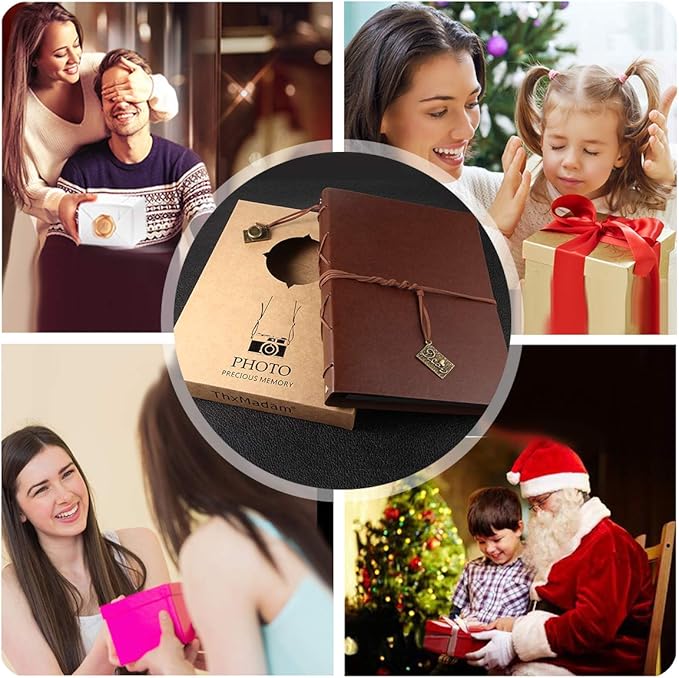 ThxMadam Brown Scrapbook Leather Photo Album Vintage Wedding Guest Book Memory Book with 60 Black Pages Present for Valentines Anniversary Mother’s Day Birthday Gift for Wife Mum Daughter Boyfriend