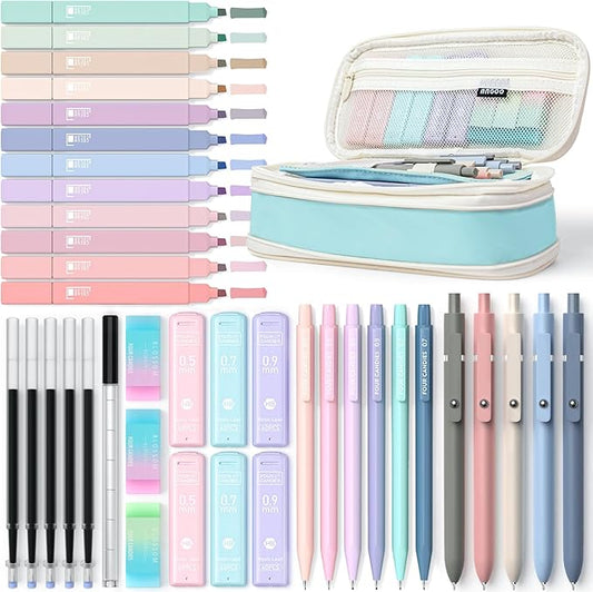 Four Candies 39 PCS Aesthetic School Supplies with Cute Pen Case, 12 Pastel Highlighters, 5 Black Ink Gel Pens, 6 Mechanical Pencils Set for Students Stationary College Essentials (Blue)