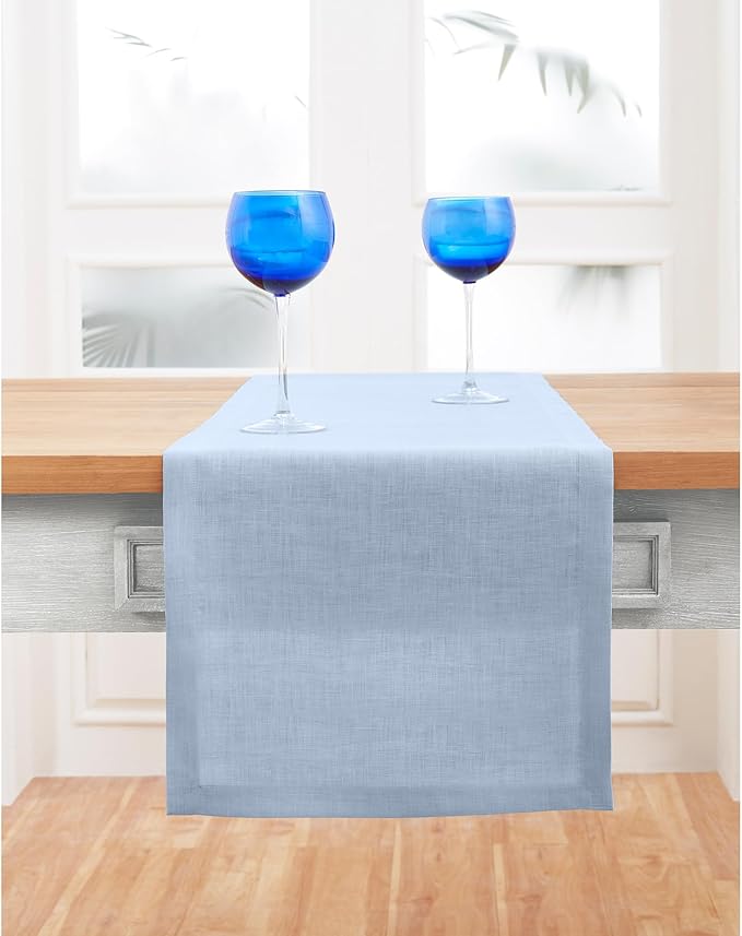 Solino Home Linen Sky Blue Table Runner 48 Inches - 100% Pure Linen Short Table Runner 14 x 48 Inch Ideal for Dresser and Coffee Tables - Fete - Christmas, Holiday
