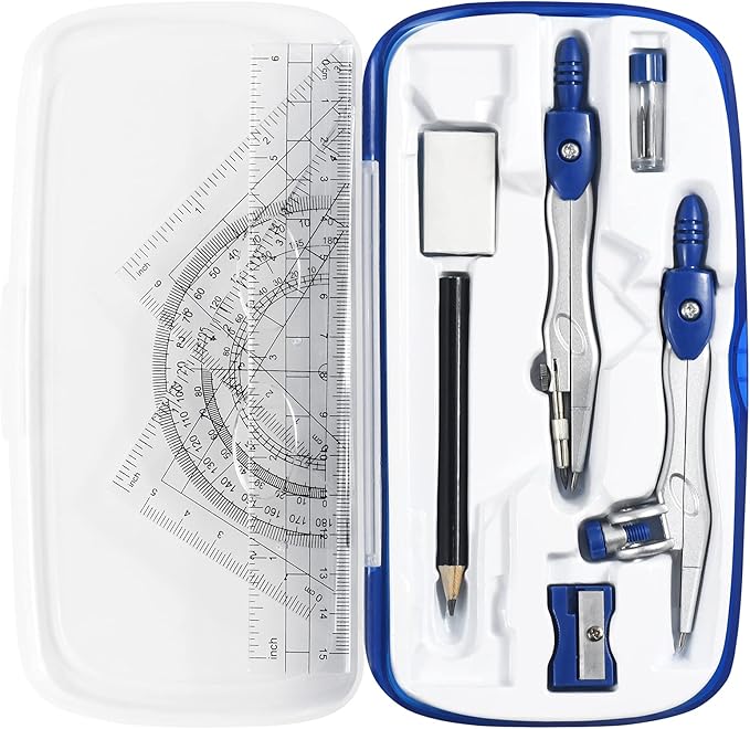 Math Geometry Kit Sets 10 Piece Student Supplies with Shatterproof Storage Box,Includes Rulers,Protractor,Compass,Eraser,Pencil Sharpener,Lead Refills,Pencil,for Drafting（Navy Blue）