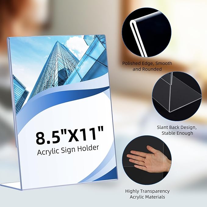 24 Pack Acrylic Sign Holder 8.5 x 11, Clear Plastic Display Stands for Tabletop, L-Shape Acrylic Stands for Flyers, Documents, Office, Restaurants, Vertical Sign Holder 8.5x11 for Desktop