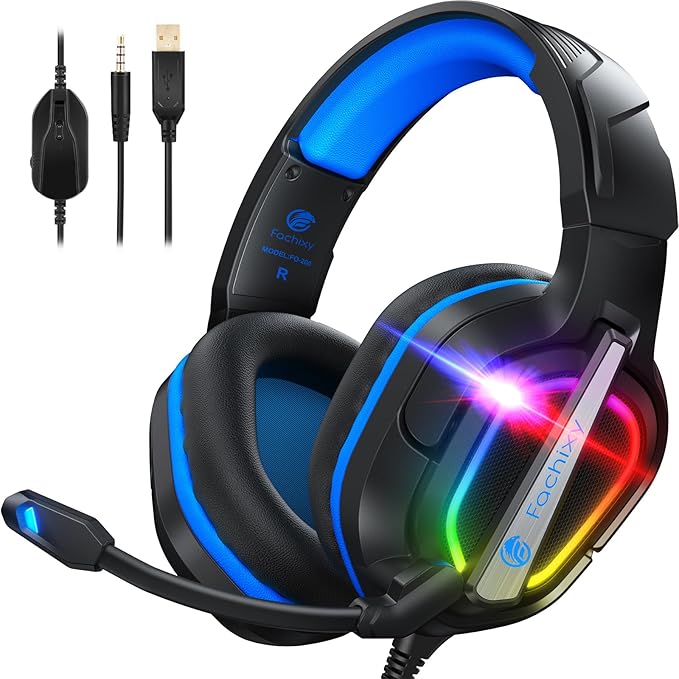Fachixy FC200 PC Gaming Headset for PS4, PS5, Switch, Xbox One, Mac, Noise Canceling Headphones with Microphone, Computer Headset with 3.5mm Jack & RGB Light