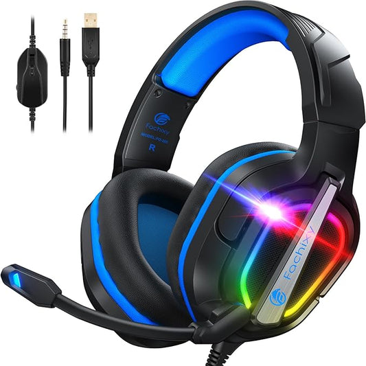 Fachixy FC200 PC Gaming Headset for PS4, PS5, Switch, Xbox One, Mac, Noise Canceling Headphones with Microphone, Computer Headset with 3.5mm Jack & RGB Light