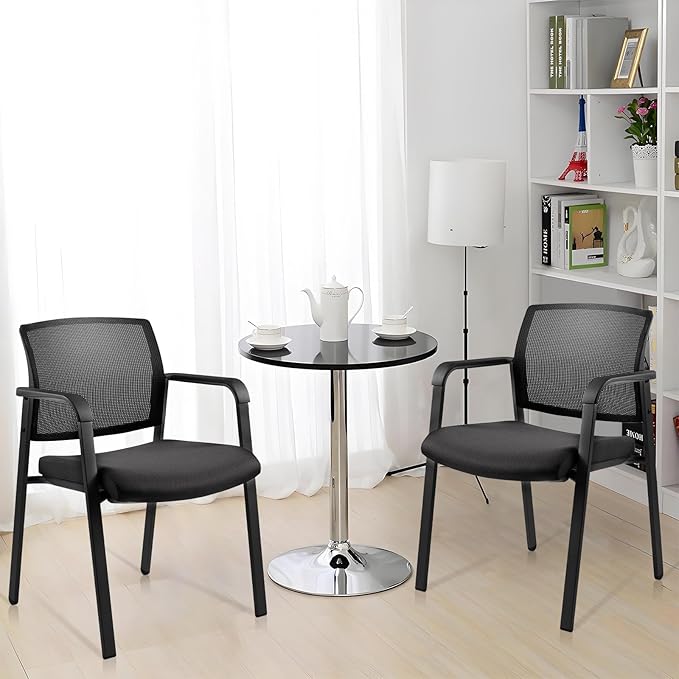 CLATINA Mesh Back Stacking Arm Chairs with Upholstered Fabric Seat and Ergonomic Lumbar Support for Office School Church Guest Reception Black 2 Pack Set