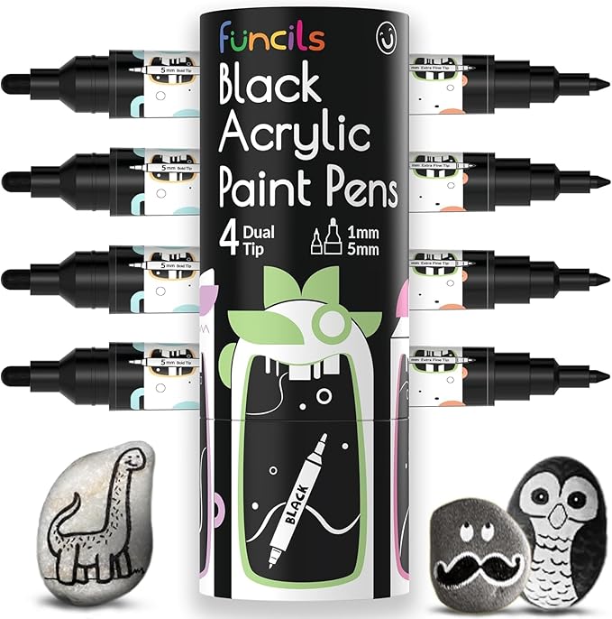 4 Dual Tip Black Paint Pens - Fine Point & Medium - Black Paint Marker for Fabric, Wood, Rock Painting, Canvas, Plastic, Glass, Tire and Shoes - Acrylic Pens for Kids & Adults