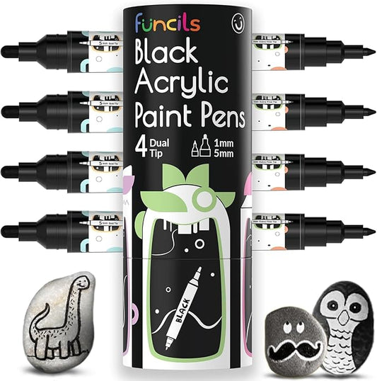 4 Dual Tip Black Paint Pens - Fine Point & Medium - Black Paint Marker for Fabric, Wood, Rock Painting, Canvas, Plastic, Glass, Tire and Shoes - Acrylic Pens for Kids & Adults