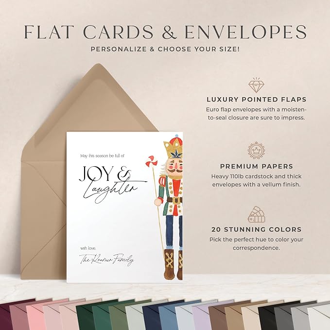 Personalized Stationery for Women, Men, Families or Business, A2 Nutcracker Custom Holiday Cards, Christmas Personalized Note Cards with Envelopes, Holiday Stationery Set - Nutcracker Flat