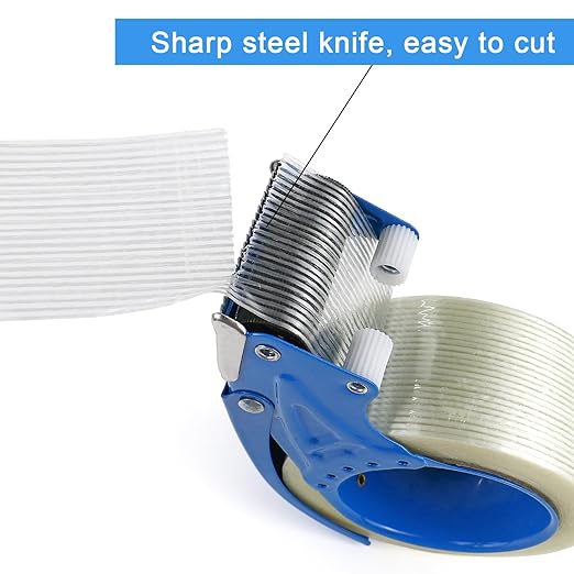 BOMEI PACK Strapping Tape 2Inch with Dispenser, Heavy Duty Fiberglass Reinforced Packing Tape with String for Moving and Shipping, 4Rolls x 5.5Mil x 35Yds, Total 140Yds