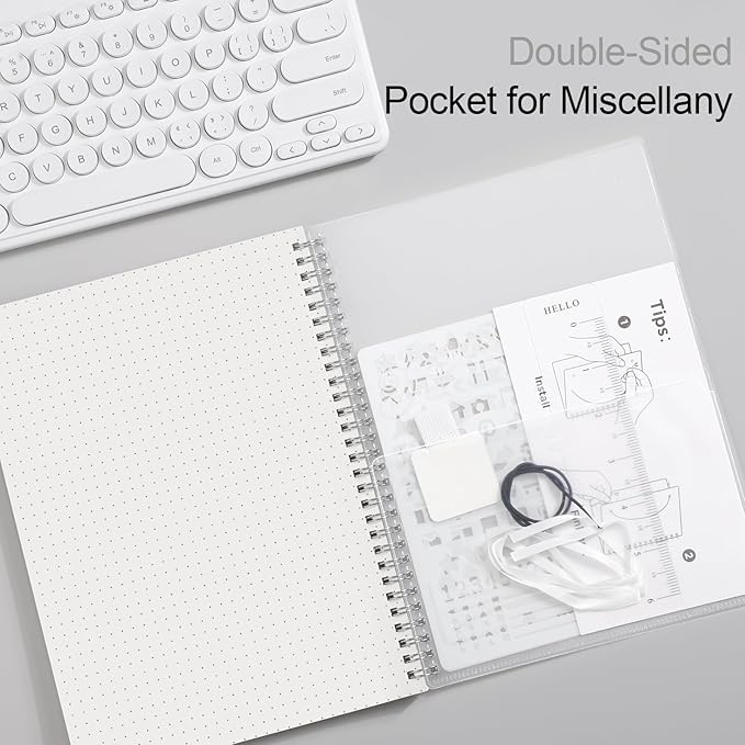 AHGXG Bullet Dotted Journal - Dot Grid Spiral Notebook B5, 140 Pages, 100 GSM Thick Paper, Waterproof Plastic Cover Journals for Bullet Journaling, Sketching, 7.6" x 10", Transparent